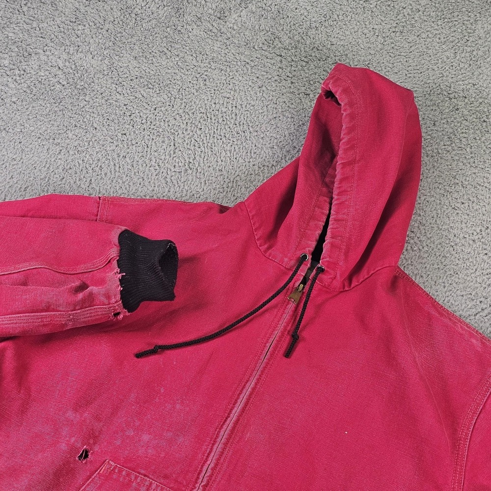 Carhartt Jacket Mens Large Red Hooded Full Zip Workwear Duck Canvas Distressed